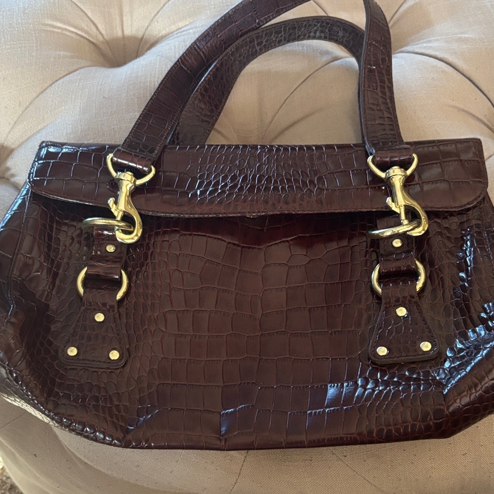 Lauren Ralph Lauren Dark Brown Croc-Embossed Shoulder Bag